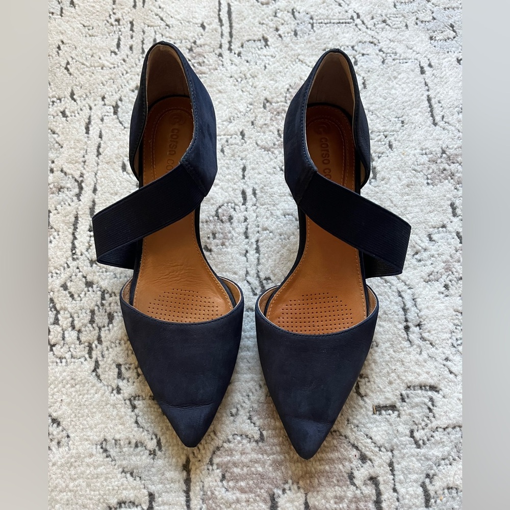 Corso Como Denice Pointed Toe Elastic Strap Pumps Heels - Genuine Suede Navy 7